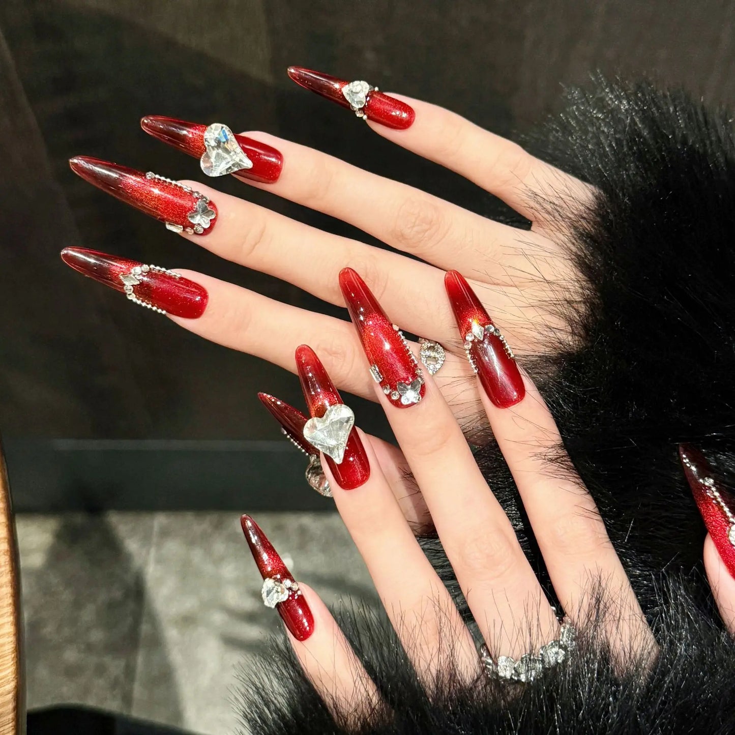 Handmade Press on Nails Long Oval Red French Fake Nails for Women Girl Wearable Large Heart Diamond Design New Year False Nails Peaceful Pleasures Health and Wellness L