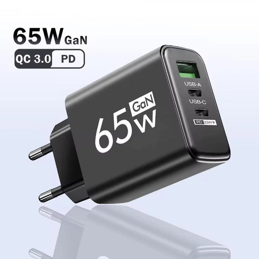 GaN 65W USB-C Fast Charger | 3-Port PD Wall Adapter GaN Wall Charger Peaceful Pleasures Health and Wellness