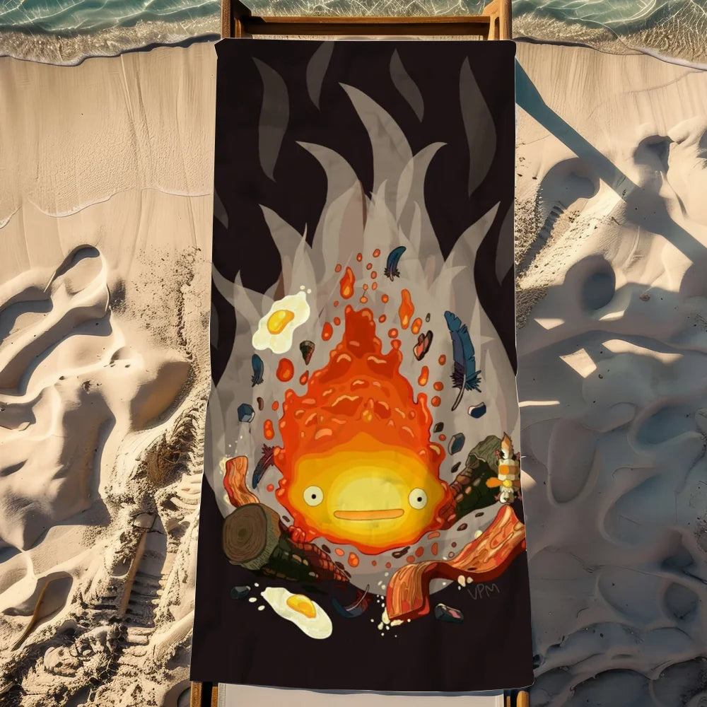 Calcifer Anime Flannel Beach Towel – Quick Dry & Soft | 11 Sizes