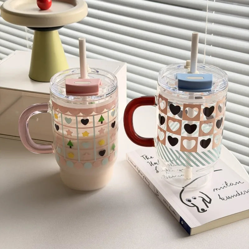 New 760ml Cartoon Printed Car Cup, High Borosilicate Glass Straw Cup with Handle, Double Drinking Car Office Casual Cup Peaceful Pleasures Health and Wellness