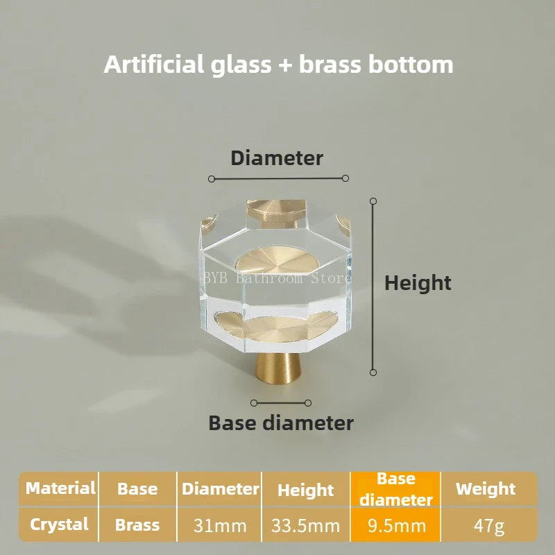 Solid Brass Crystal Glass Cabinet Pull Handle & Drawer Knob