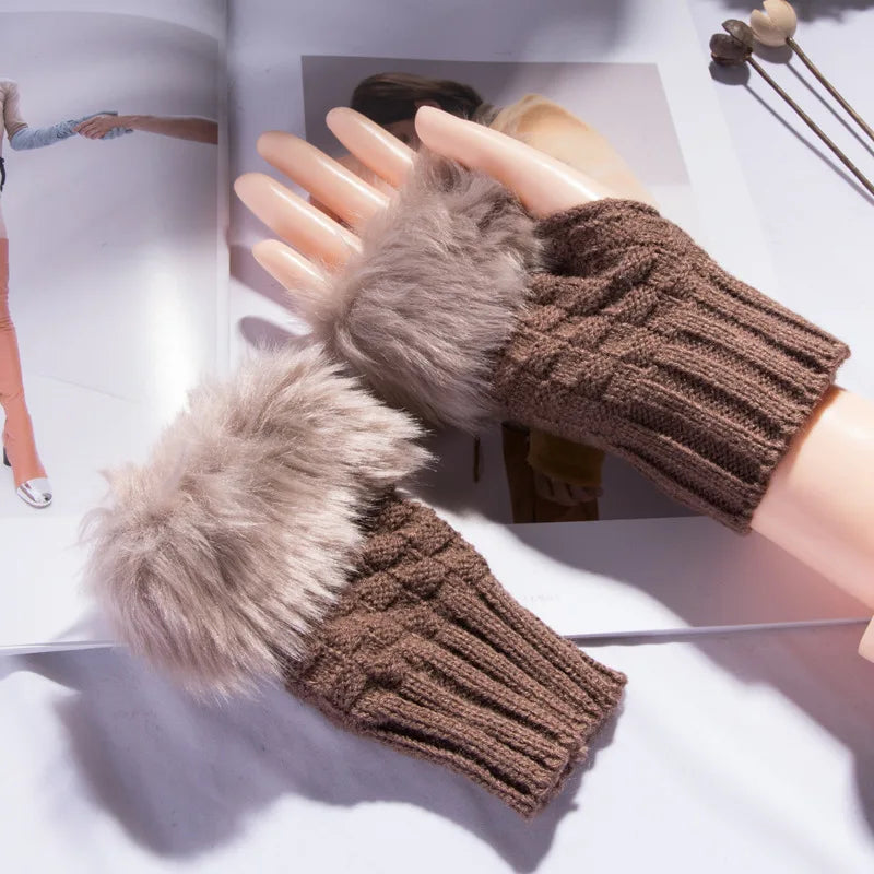 Winter Faux Rabbit Fur Warm Knitted Half Finger Gloves Wrist Hand Warmer Gloves Fingerless Mittens Solid Color Soft Touch Gloves Peaceful Pleasures Health and Wellness