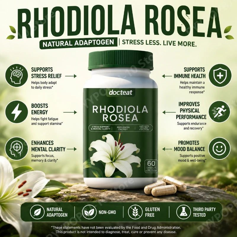 Docteat Rhodiola Rosea 60ct Capsules | Natural Adaptogen Vegan