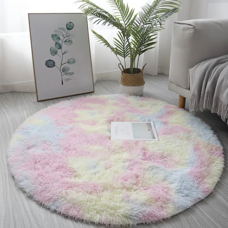 Round Fluffy Shaggy Rug – Soft Plush Cream White Circle Carpet
