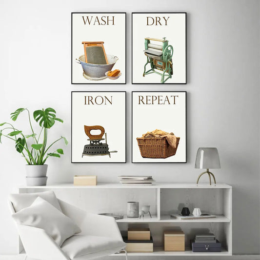Vintage Wall Art Canvas Wash Dry Fold Repeat Laundry Sign Poster Painting Living Room Nordic Pictures Print Modern Home Decor Peaceful Pleasures Health and Wellness