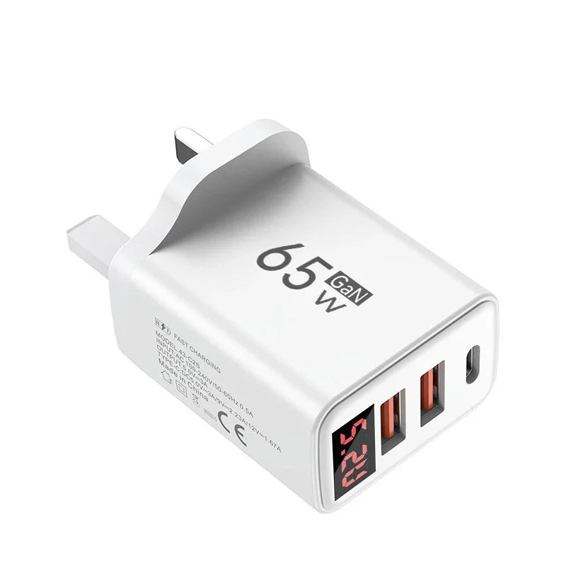 65W GaN USB-C Fast Charger 3-Port PD Quick Charge Display