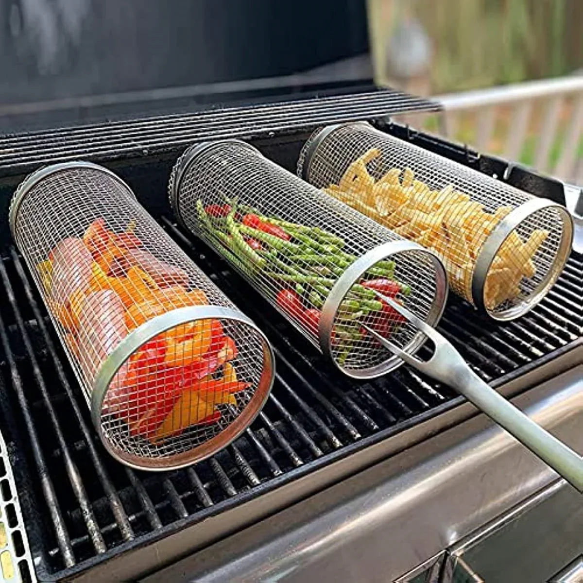 Rolling BBQ Grill Basket – Stainless Steel Cylinder Wire Mesh
