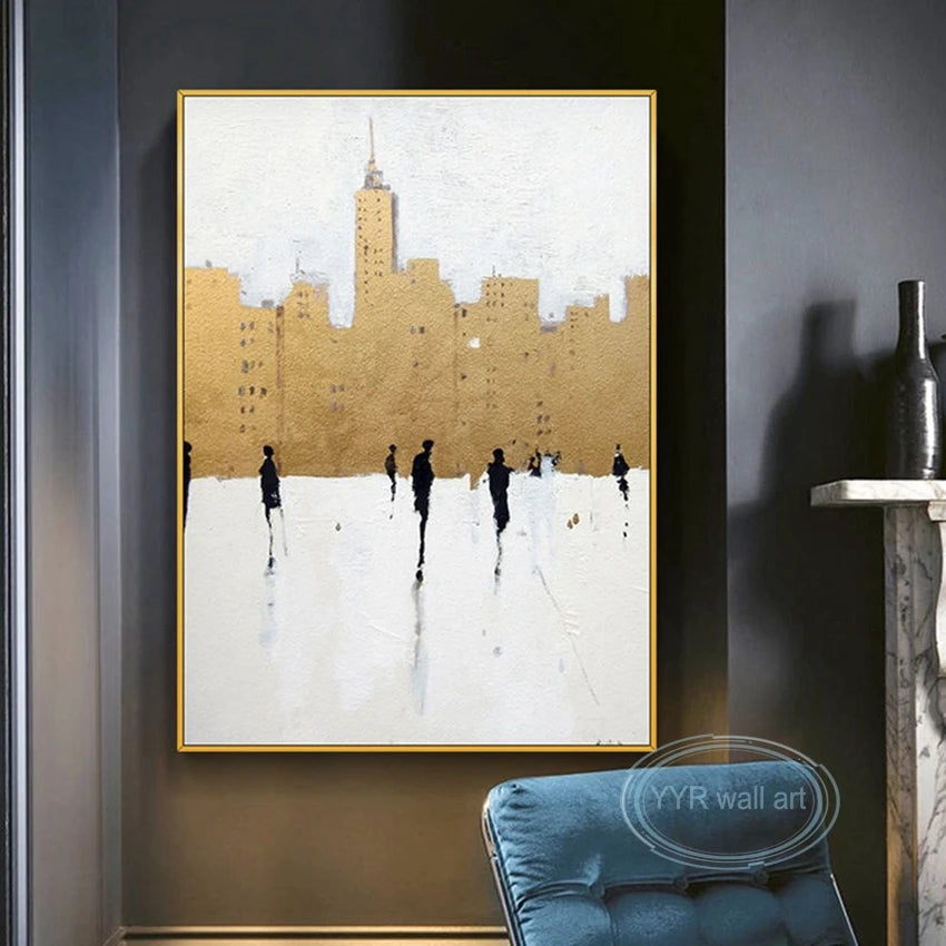 New Abstract Gold Foil Street Scene Oil Painting Custom Wall Art Decoration Hanging Picture High Quality Handmade Canvas Poster Peaceful Pleasures Health and Wellness
