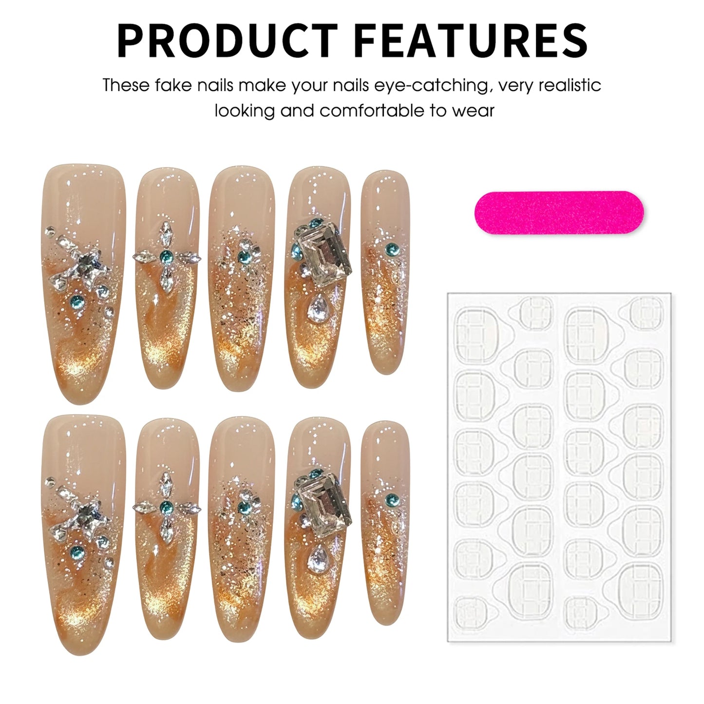 Glass Bead Cat Eye Press On Nails – 10pc Luxury False Nail Set