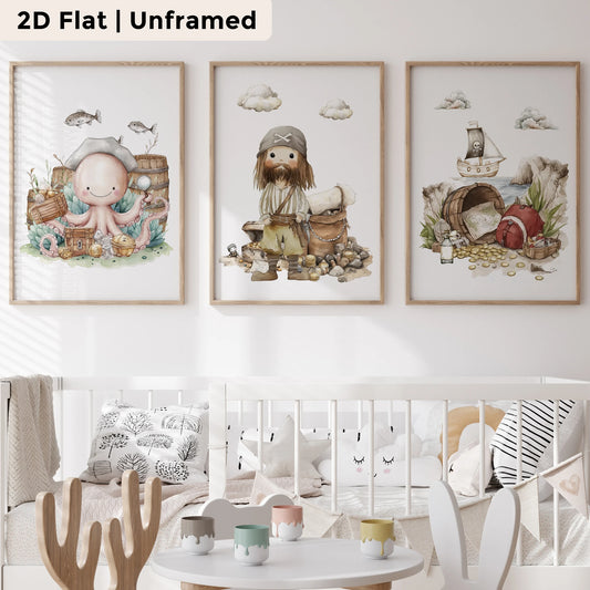3-Piece Pirate Octopus Canvas Wall Art | Kids Room Decor Print Canvas Wall Art Peaceful Pleasures Health and Wellness CH125-3pcs 21x30cm Unframed