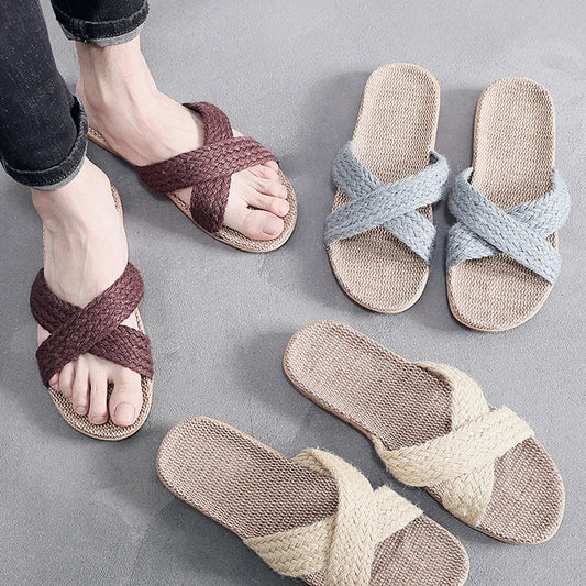 Men's Linen Cross Strap Slippers | Indoor & Beach Slides Men's Slide Slippers Peaceful Pleasures Health and Wellness