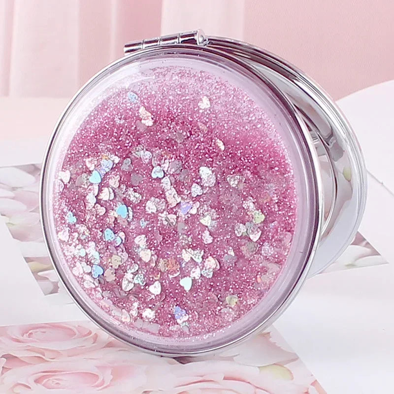 Portable Double-Sided Folding Cosmetic Mirror Female Gifts With Flowing Sparkling Sand Mini Makeup Mirror Compact Pocket Mirrors Peaceful Pleasures Health and Wellness Pink