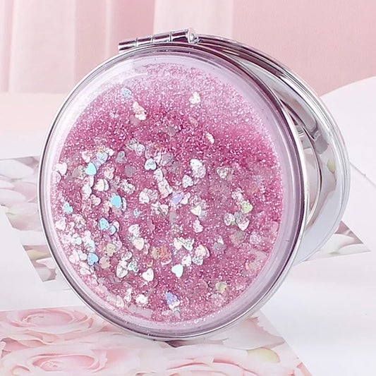 Portable Double-Sided Folding Cosmetic Mirror Female Gifts With Flowing Sparkling Sand Mini Makeup Mirror Compact Pocket Mirrors Peaceful Pleasures Health and Wellness Pink