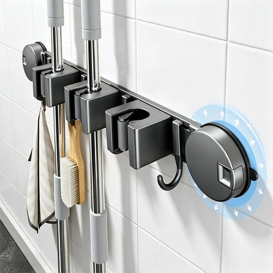 No-Drill Suction Cup Mop Rack Wall-Mounted Holder with 6 Hooks Wall Mop Holder Peaceful Pleasures Health and Wellness