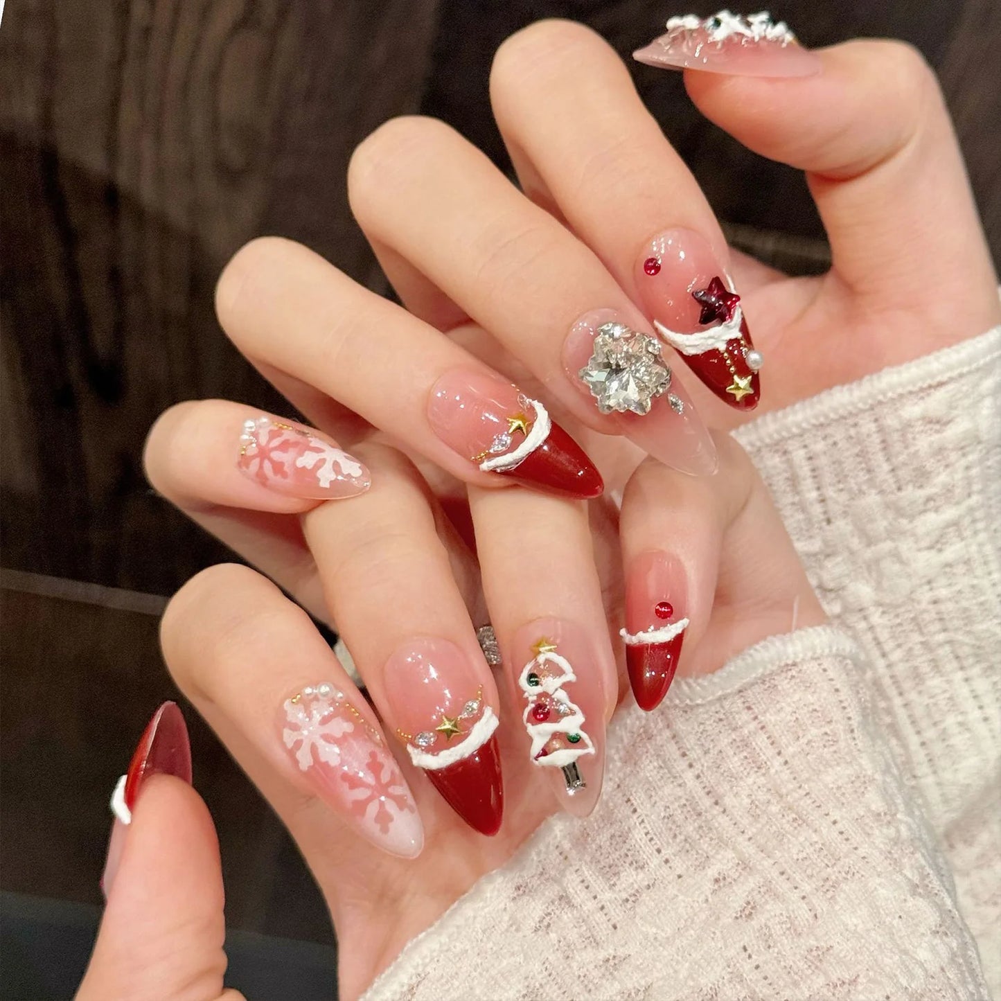 Christmas Press On Nails | Cat's Eye Red French Tip 3D Bows Press On Nails Peaceful Pleasures Health and Wellness