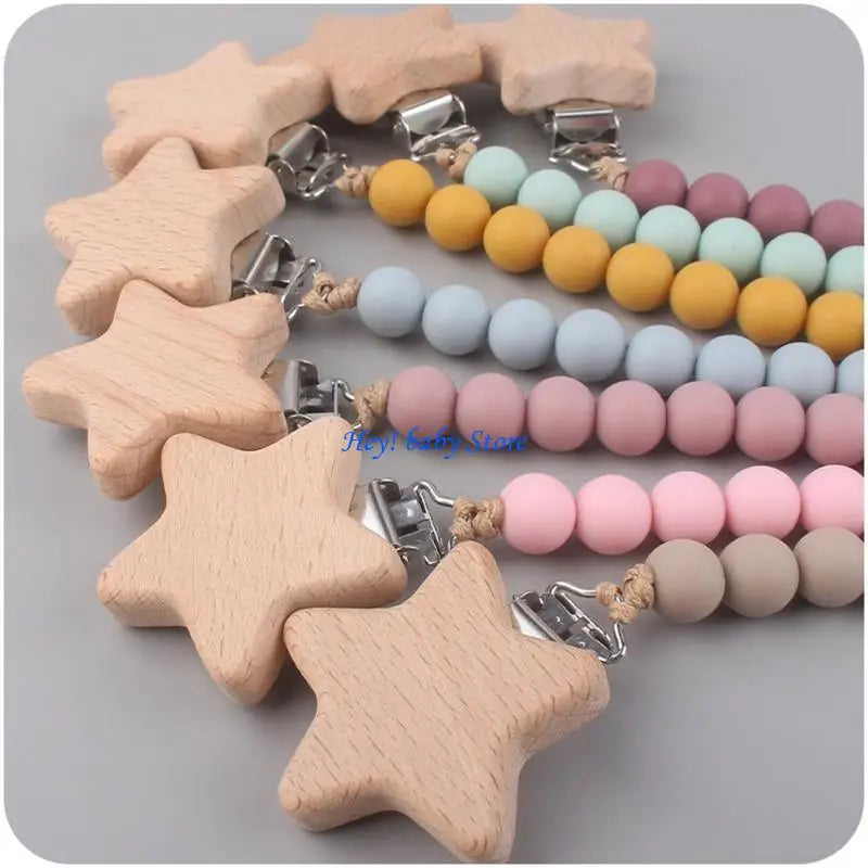 Baby Pacifier Clip Silicone & Beech Wood Teething Toy Chain