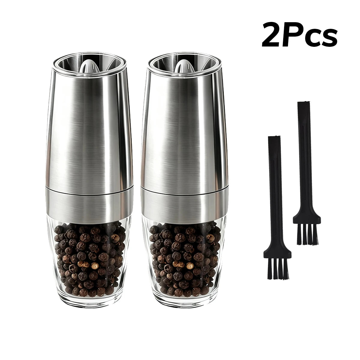 1/2pcs Gravity Electric Pepper and Salt Stainless Steel Grinder Set with Adjustable Coarseness Operated LED Light Peaceful Pleasures Health and Wellness Silver2PCS United States