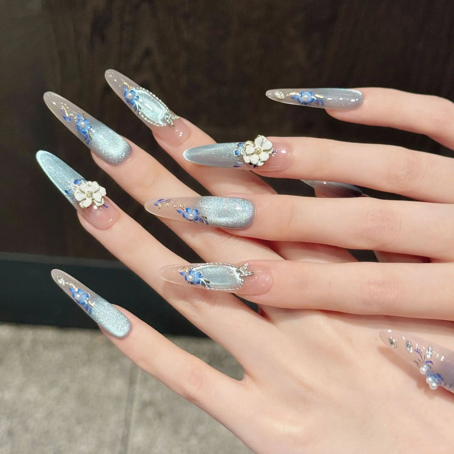10pcs Chinese Style Press On Nails 3D Flowers Cat's Eye Blue Butterfly