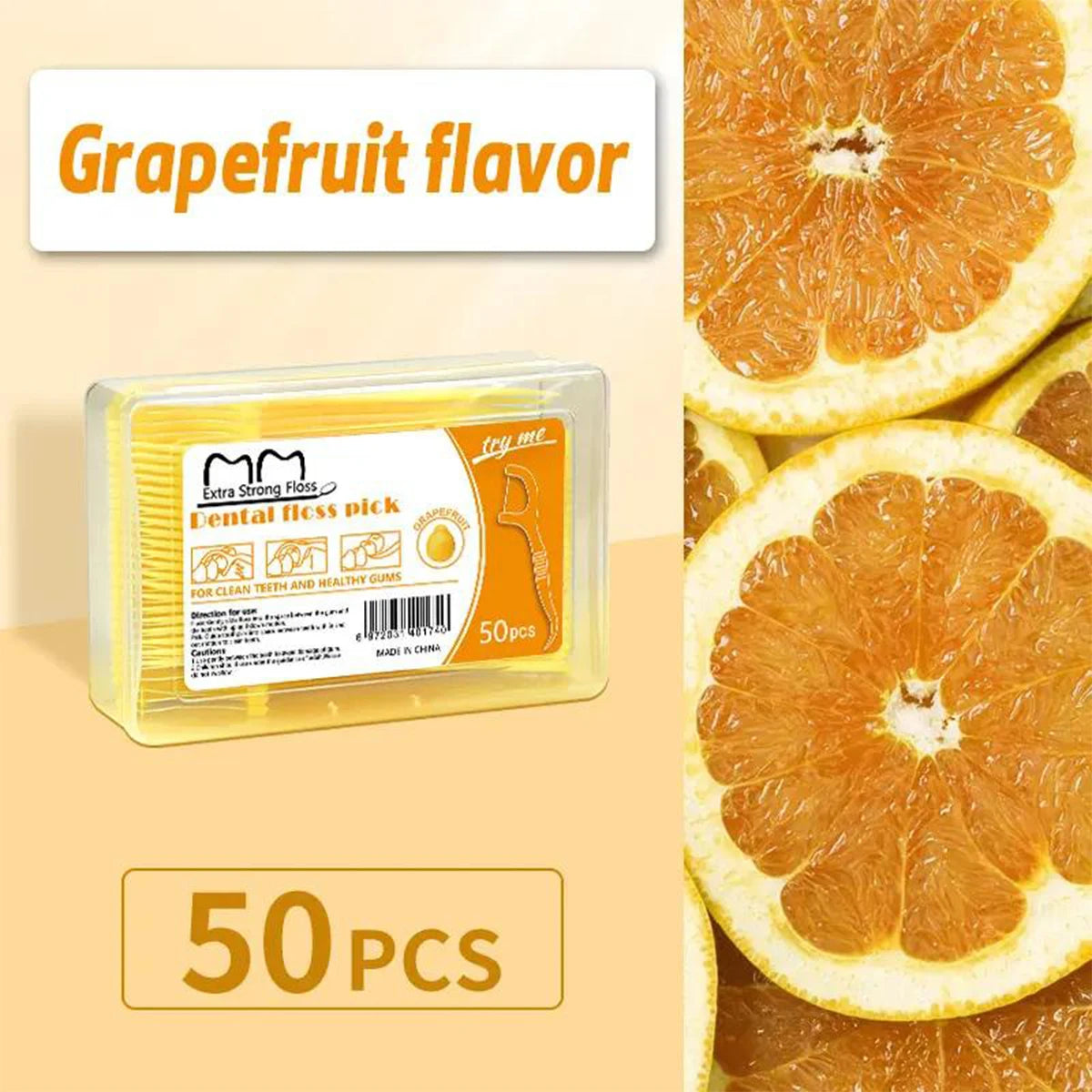 50pcs Floss Fruit Flavor Box Floss Dazzling Colorful Ultra Fine Floss Stick Tick Oral Cleaning Portable Floss Peaceful Pleasures Health and Wellness Grapefruit