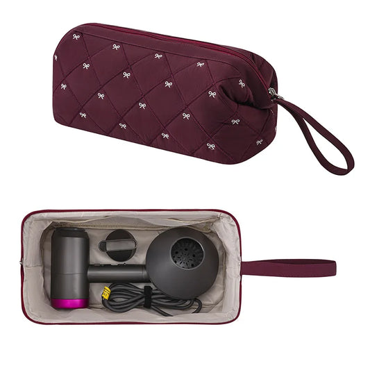 New Multi Functional Hair Dryer Storage Bag for Travel Cute Bow Embroidery Quilted Hair Tools Waterproof Zipper Cosmetic Bags Peaceful Pleasures Health and Wellness Angola red