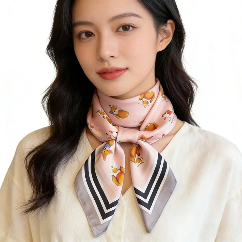 Women's 70x70cm Satin Square Scarf – Cute Dog Print Shawl