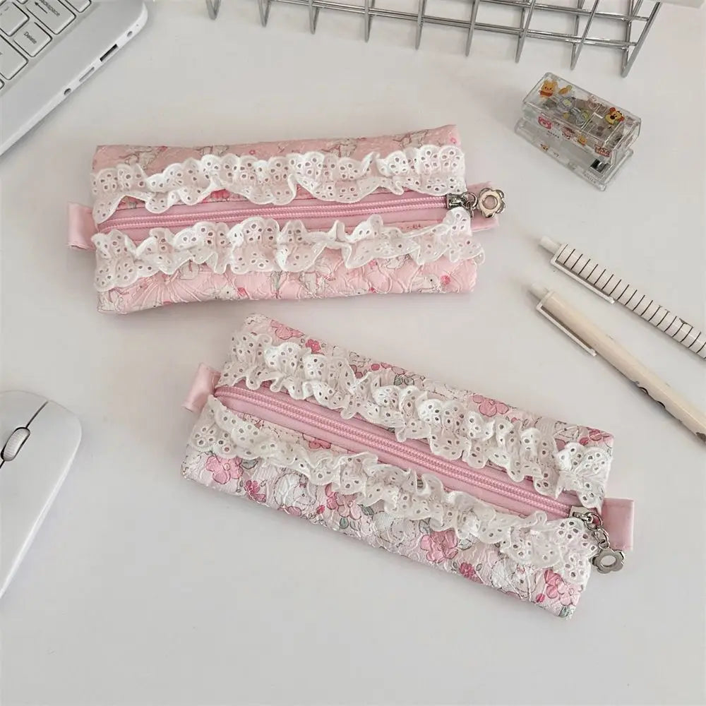 Fresh Lace Pencil Pouch Large Capacity Cosmetic Bag Flower Pattern Pen Case Makeup Bag Cartoon Stationery Storage Bag Peaceful Pleasures Health and Wellness