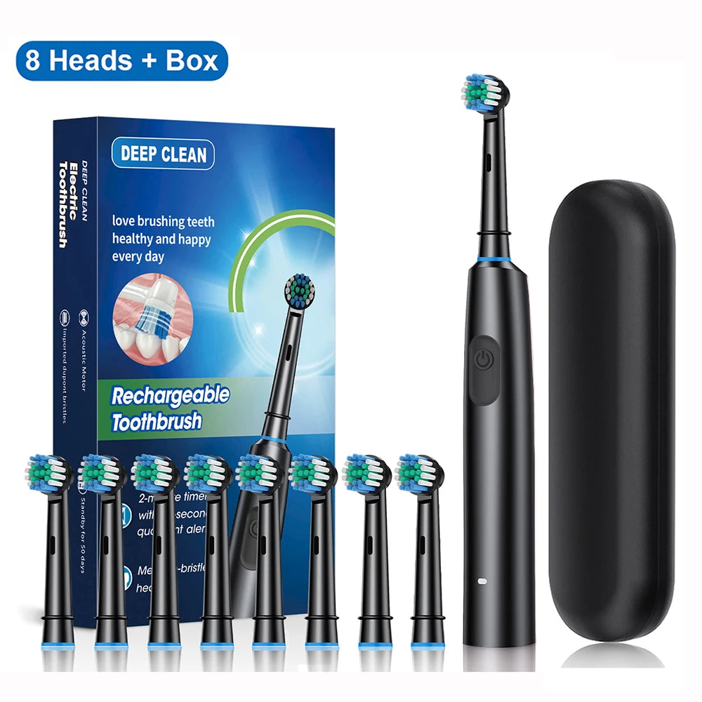 Electric Toothbrush Rotary Rechargeable Electric Toothbrush for Adults Rotating Electric Toothbrushes with 8 Soft Brush Heads Peaceful Pleasures Health and Wellness Black 8 Heads Box