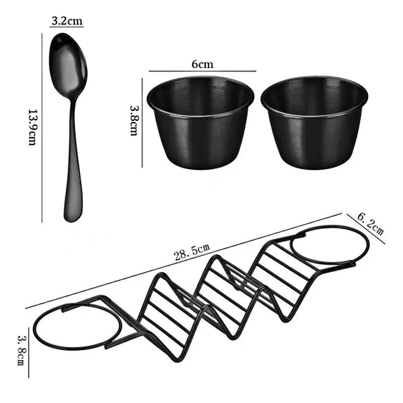 Mexican Restaurant Stainless Steel Pancake Rack Spring Roll Taco Holder Pizza Display Stand with 2pcs Sauce Cup &1 Dessert Spoon Peaceful Pleasures Health and Wellness