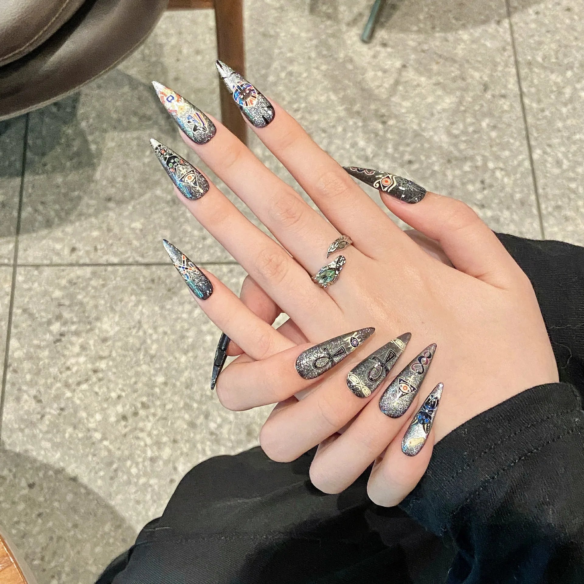 Handmade Press on Nails Egyptian Cat Pharaoh Cute False Nails Sweet Cool Spicy Girl Style Cat Eye Long Almond Fake Nail Tips Peaceful Pleasures Health and Wellness