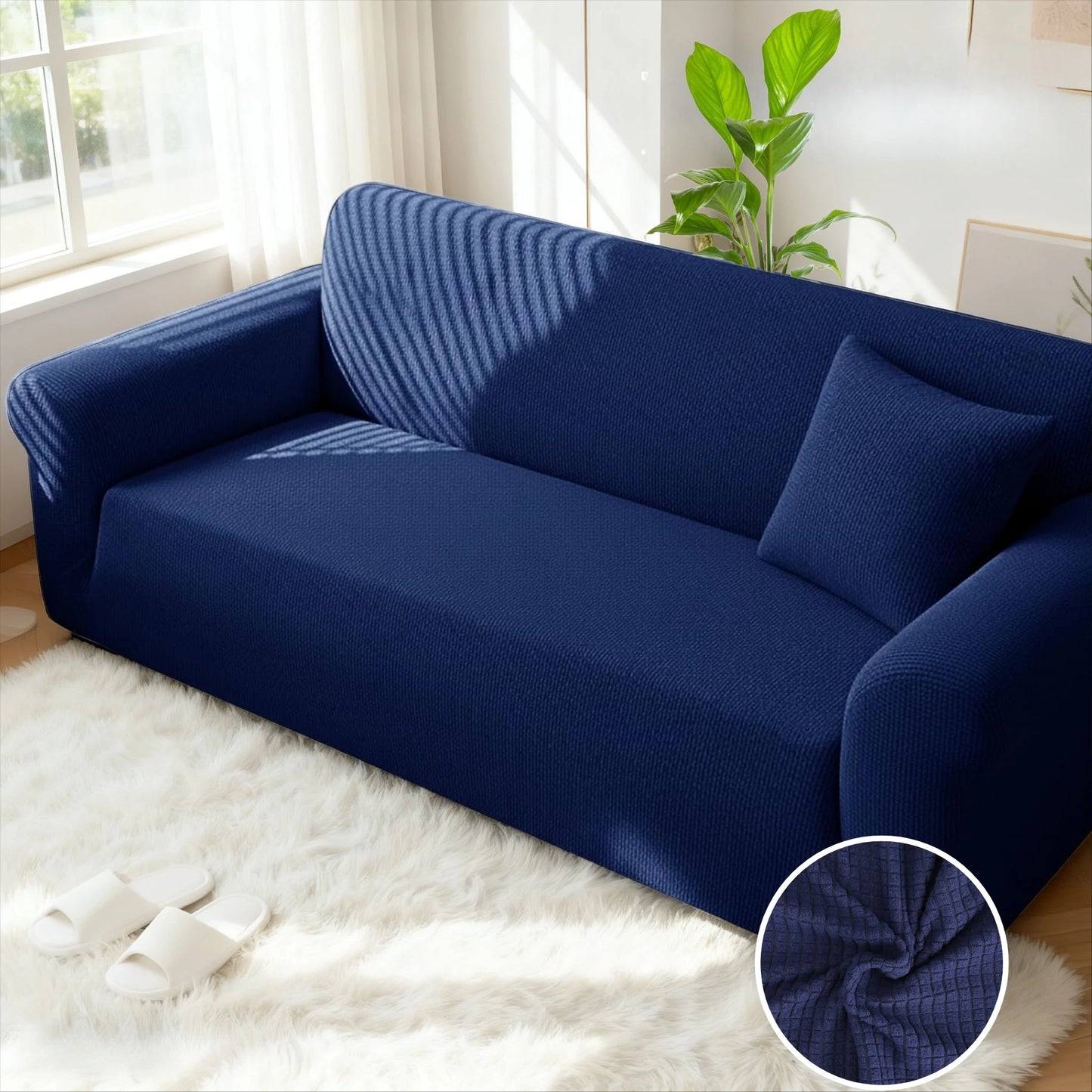 Jacquard Sofa Cover For Living Room Elastic Thick Jacquard Sofa Cover For L-shaped Corner Sofa Cover 1/2/3Seater with Pillowcase Peaceful Pleasures Health and Wellness Navy Mini Grid 1 Seater 90-140cm