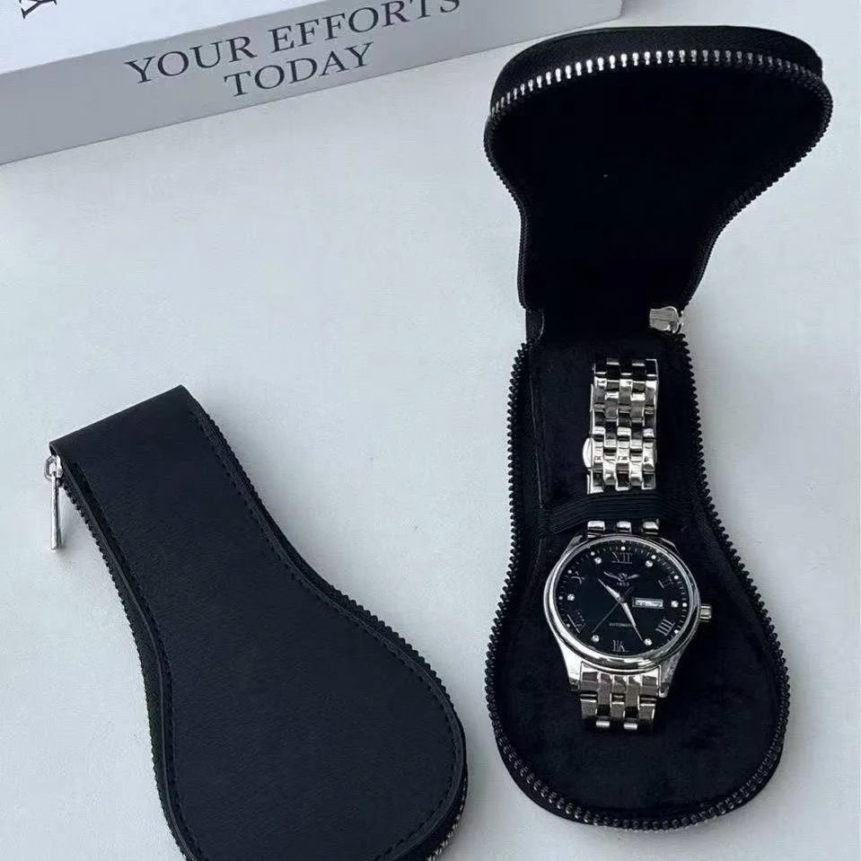 Portable retro leather display watch storage box travel strap zipper watch box dustproof and scratch resistant jewelry watch box Peaceful Pleasures Health and Wellness black