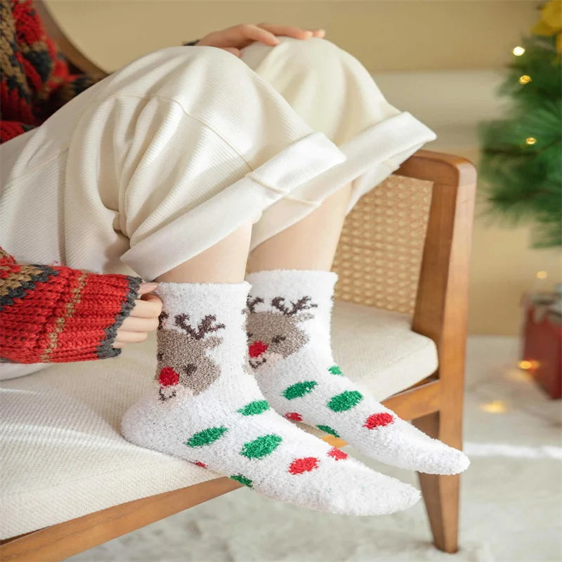 1 Pair of Coral Fleece Christmas Socks, Cute Elk Snowman Gift Socks, And Plush Mid Tube Men's And Women's Floor Sleeping Socks Peaceful Pleasures Health and Wellness