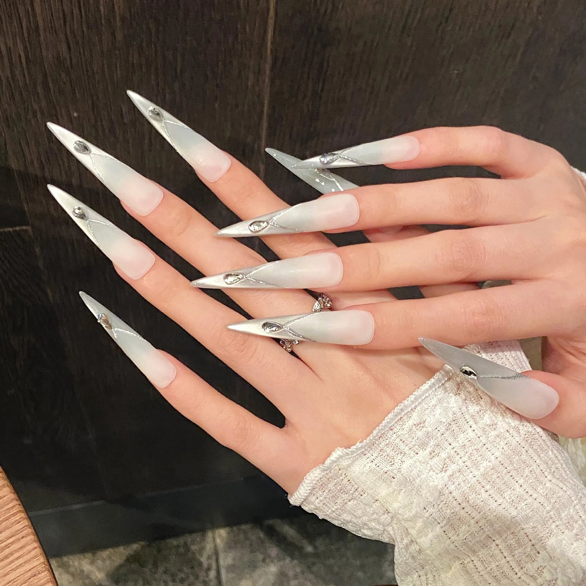 10pcs Handmade Extra Long Pointed Press on Nails Glitter Diamond Decor False Nails Full Cover Wearable European Fake Nail Tips Peaceful Pleasures Health and Wellness