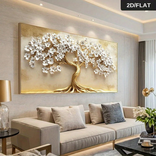 Golden Tree White Blossoms Canvas Wall Art Print – Unframed Canvas Wall Art Peaceful Pleasures Health and Wellness ZLH7167 30x60cm No Frame