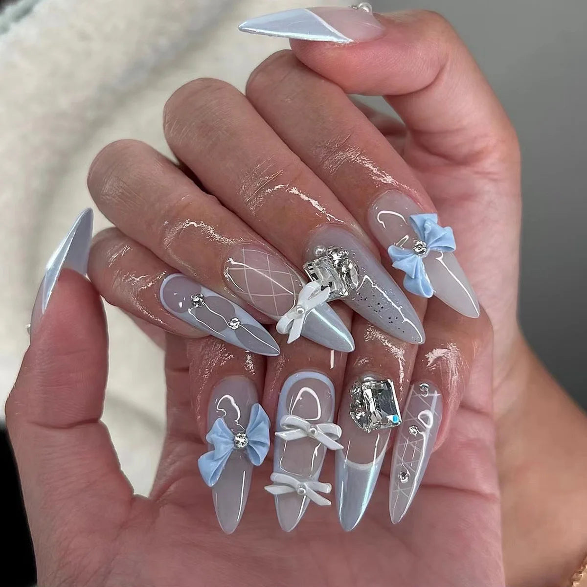 24pcs 3D Flower Press On Nails | Purple Aurora Almond Shape