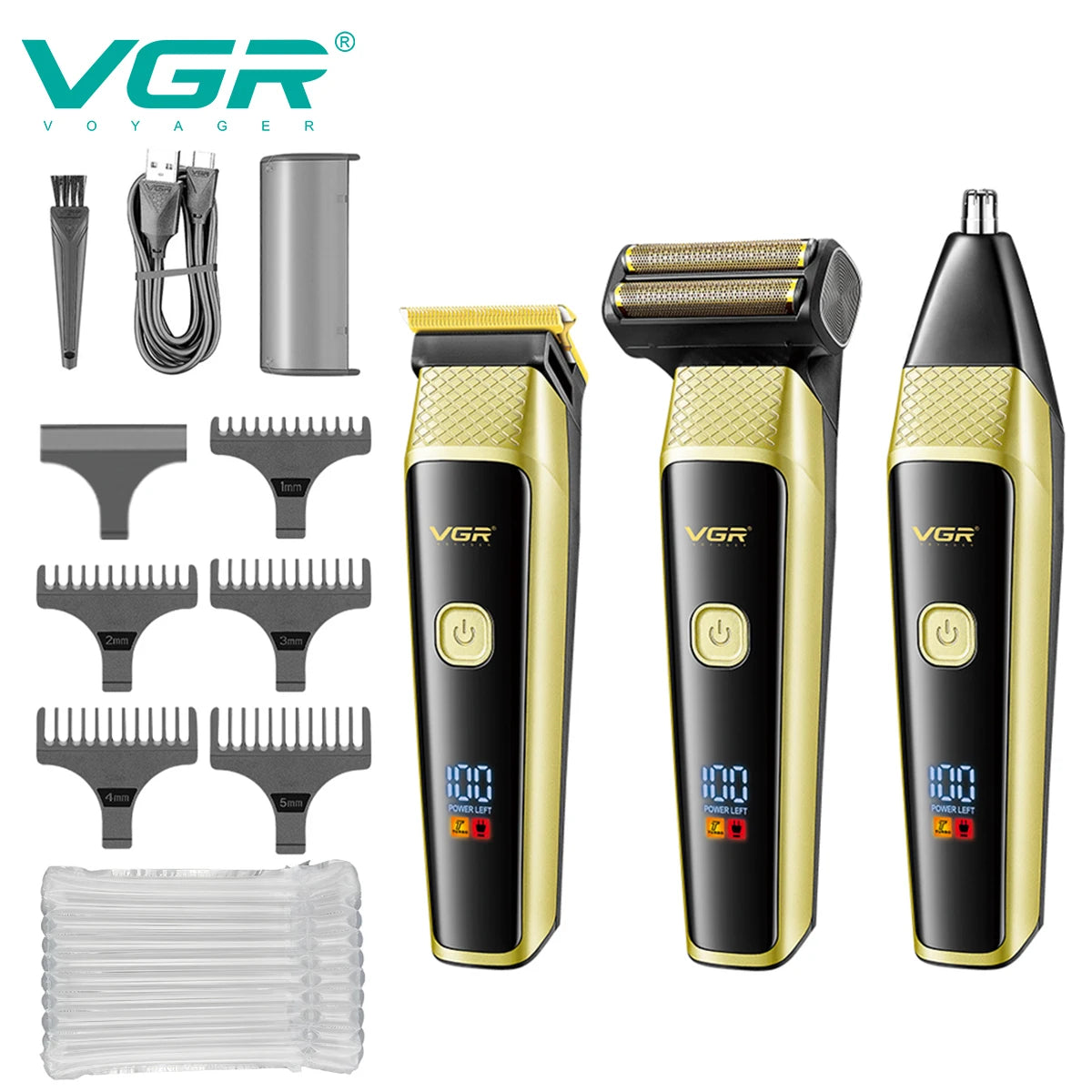 VGR 366 Cross-border New Retro Electric Clipper 3-in-1 Set Nose Hair Replacement Digital Display Shaver Peaceful Pleasures Health and Wellness 366 yello NO box