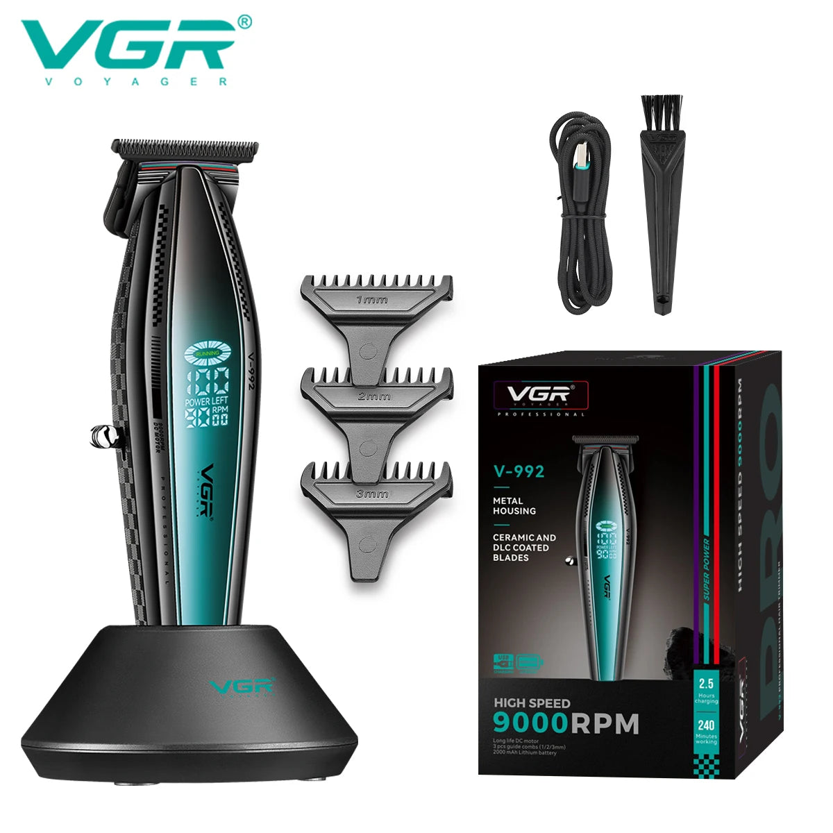 VGR V-992 V-270 high-end men's hair clipper with gradient color body, professional hair trimmer with LCD digital display and pus Peaceful Pleasures Health and Wellness V-992blue