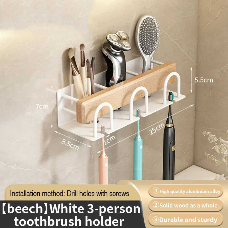 Wall-Mounted Wood Toothbrush Rack & Mug Holder with Squeezer