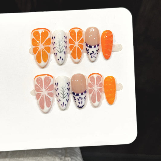 10pcs Handmade Press On Nails 3D Grapefruit And Orange Decor Wearable Almond Artificial Nails Self Adhesive Reusable For Women Peaceful Pleasures Health and Wellness