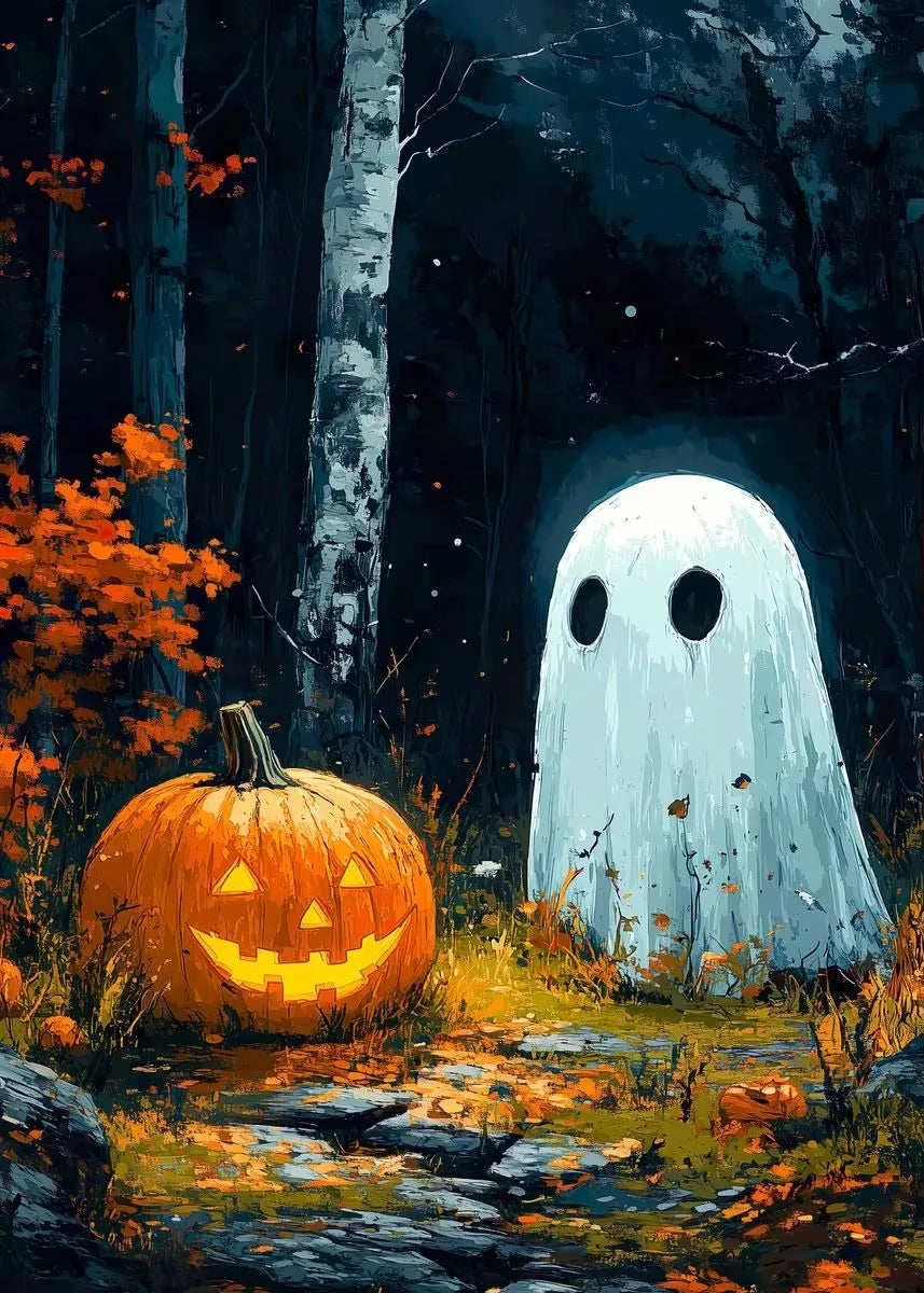 Halloween Ghost & Pumpkin Canvas Wall Art | Dark Academia Poster Canvas Wall Art Peaceful Pleasures Health and Wellness ZLH5353 40x50cm No Frame