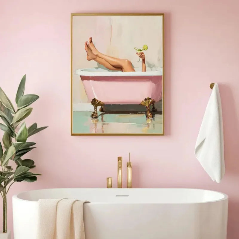 Retro Martini Girl Bathtub Canvas Wall Art | Glam Bathroom Decor