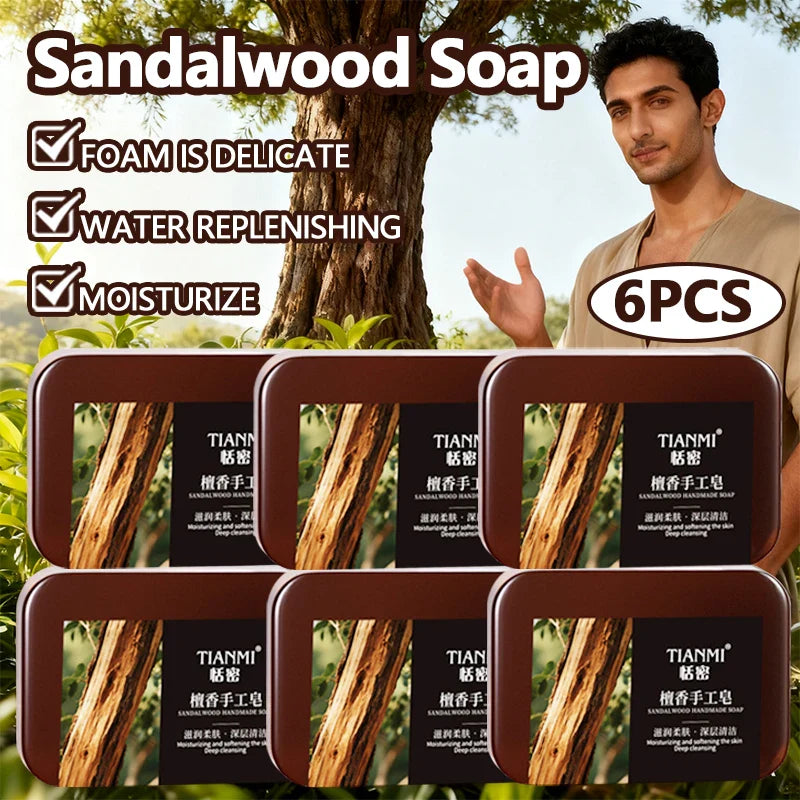 6-Pack Men's Sandalwood Handmade Soap – 3-in-1 Bar Set