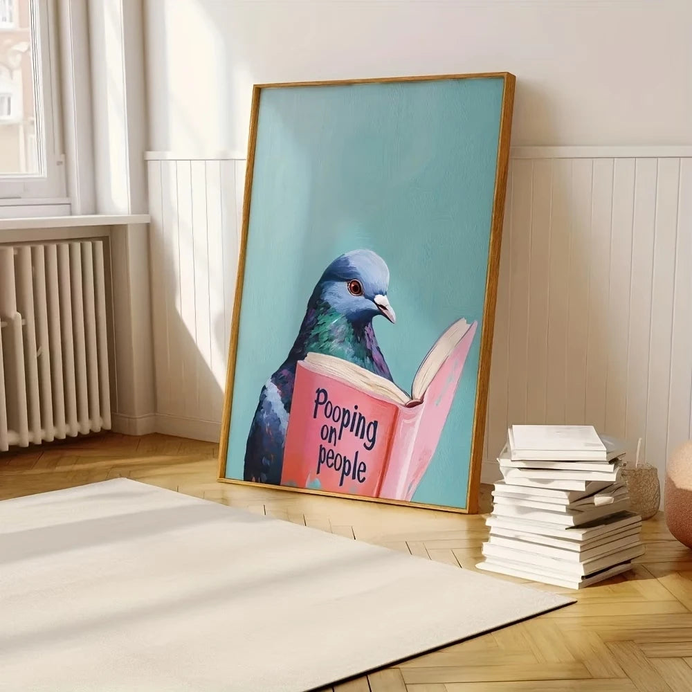 Modern Pigeon Reading Pooping On People Book Wall Art Print Canvas Painting Poster Picture For Living Room,Bedroom Home Decor Peaceful Pleasures Health and Wellness
