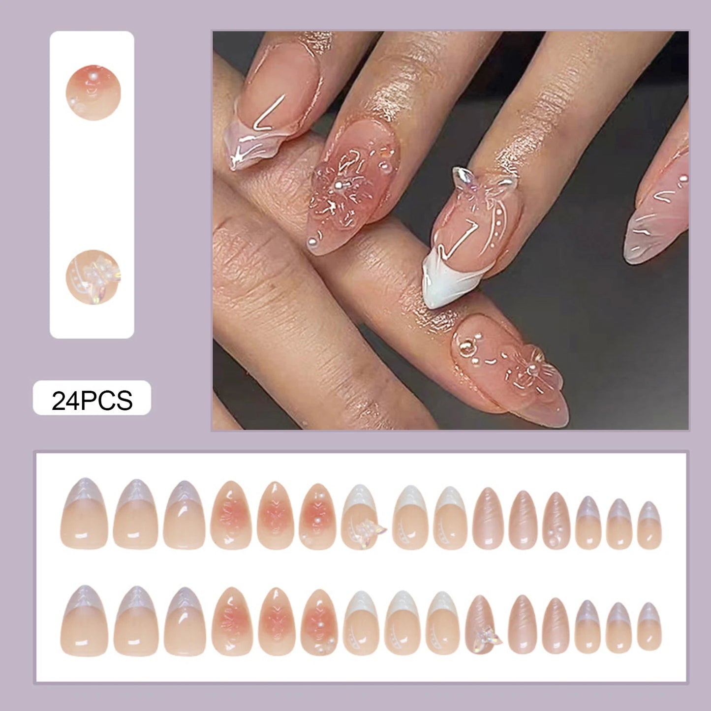 24PCS Blue Cat Eye False Nails Short Round Cute Press on Nails Wearable Full Cover Ins Flowers Pattern Fake Nail Tips for Girls Peaceful Pleasures Health and Wellness Z10