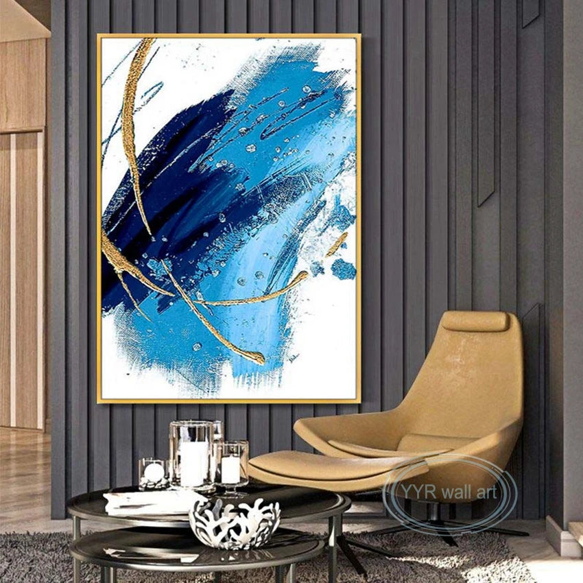 Canvas Wall Art Blue Oil Painting Handmade Gold Leaf Aesthetics Mural Living Room Bedroom Restaurant Porch Luxury Decor Poster Peaceful Pleasures Health and Wellness