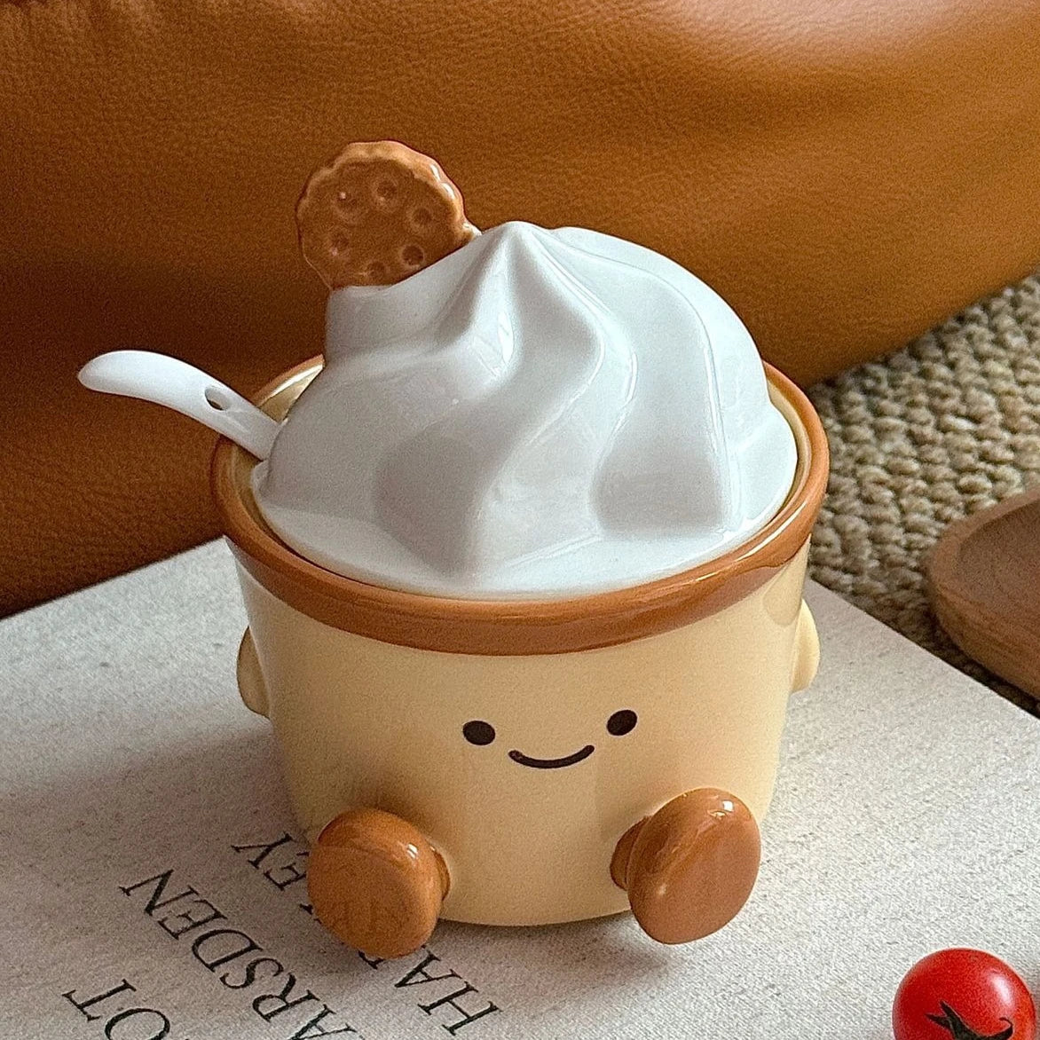 Kitchen Condiment Storage Jar Creative Ice Cream Ceramic Spice Jar Home Decorative Seasoning Pot Design Sense Salt MSG Container Peaceful Pleasures Health and Wellness 1 set brown