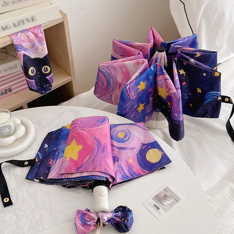 Cartoon Cat Pink Folding UV Umbrella – Auto Open, Sun & Rain