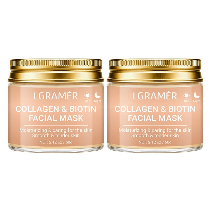 Collagen & Biotin Day Night Mask, Intense Moisturizing Hydration, Smooth Rough Skin, Make Skin Tender Soft & Glowing Facial Care Peaceful Pleasures Health and Wellness 60g-2pcs