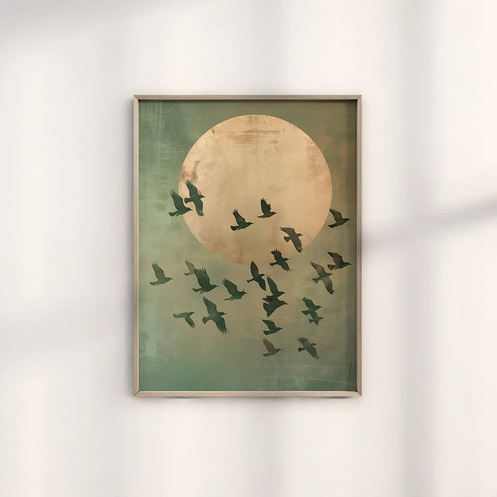 Sage Green Gold Japandi Art Print Flying Birds Wall Art Abstract Sun Art Living Room Decor Japanese Wall Art Bedroom Decor Gift Peaceful Pleasures Health and Wellness CJ54293 30x40cm