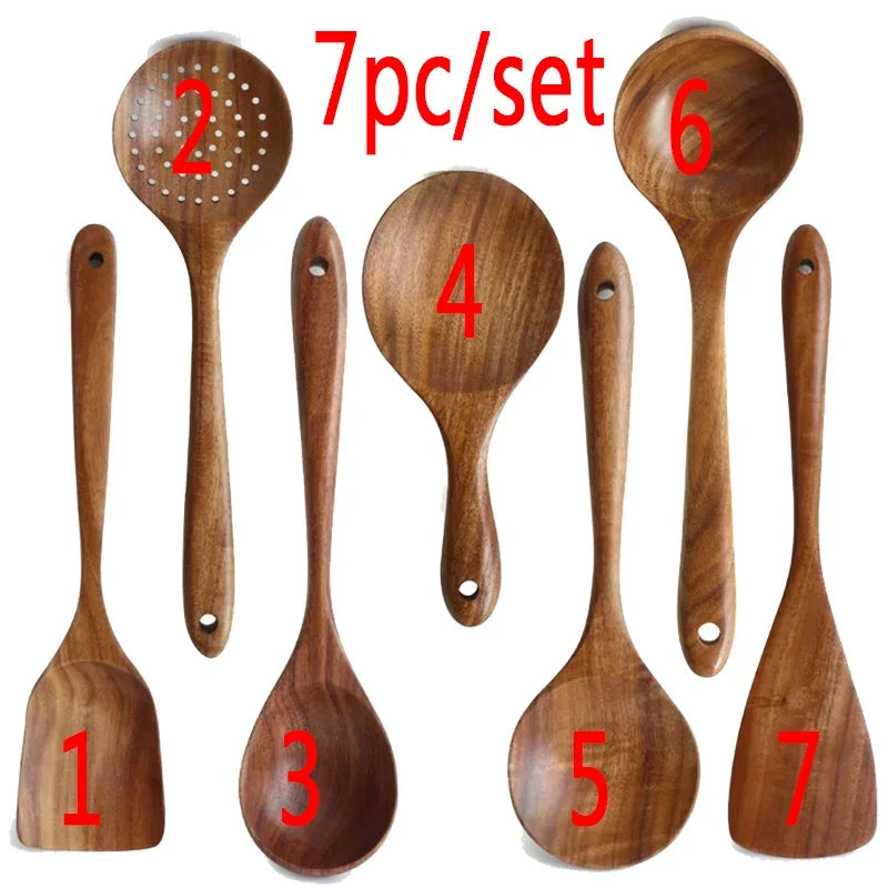 7pcs/set Teak Natural Wood Tableware Spoon Ladle Turner Rice Colander Soup Skimmer Cooking Spoon Scoop Kitchen Reusable Tool Kit Peaceful Pleasures Health and Wellness 7pc